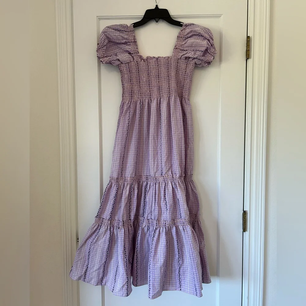 NWT O.PT. Serenette Square Neck Smocked
Gingham Midi Dress Sz M purple pink - Picture 9 of 11